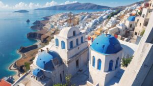 ギリシャ・青いドーム・海辺の町のイラスト素材｜商用利用可