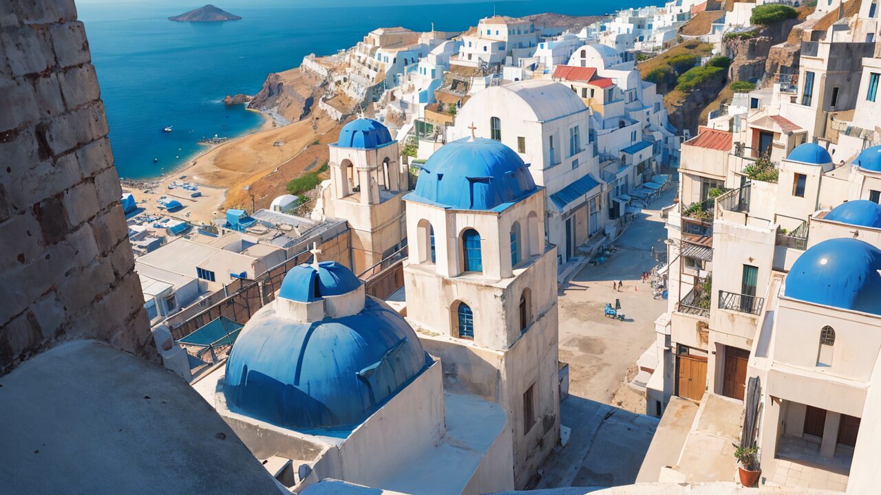 ギリシャ・オランダ・青いドームのイラスト素材