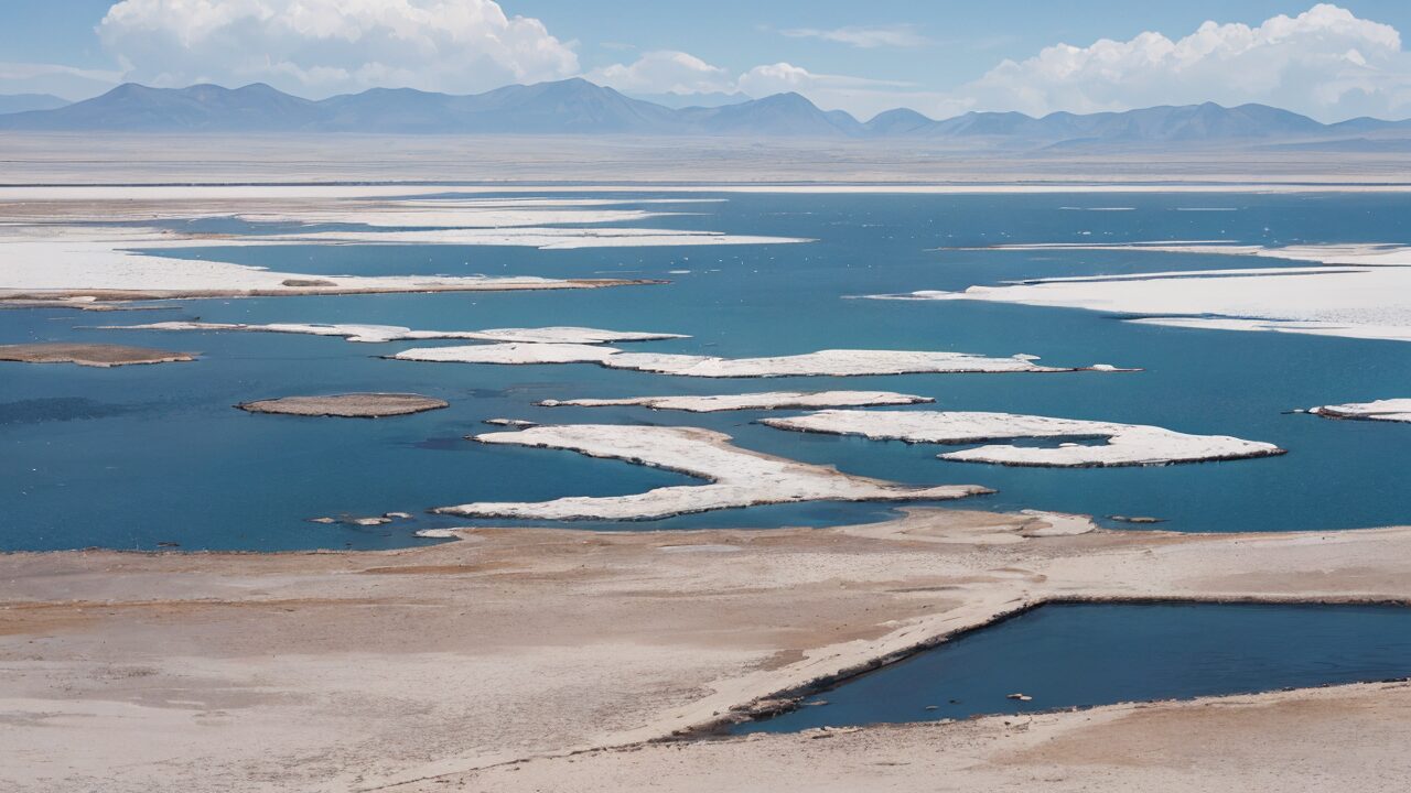 サハラ砂漠・青い湖・遠くの山脈のイラスト素材