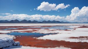 紅色の塩湖・青空・山脈のイラスト素材｜商用利用可