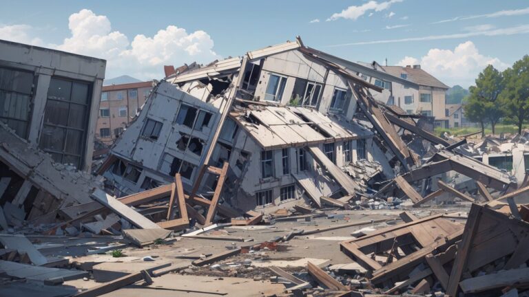 地震被害・崩壊建物・瓦礫散乱のイラスト素材｜商用利用可