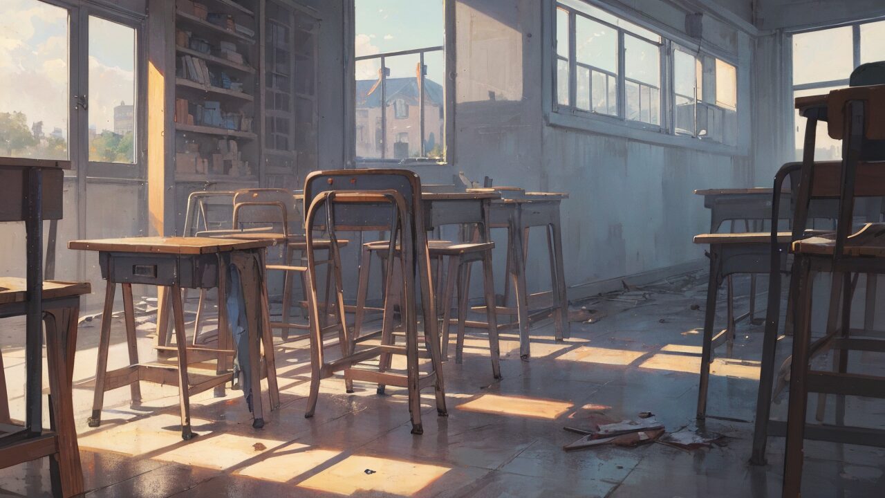 空き教室・廃校・日差しのイラスト素材