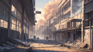 都市の廃墟・夕焼け・破敗した街のイラスト素材｜商用利用可