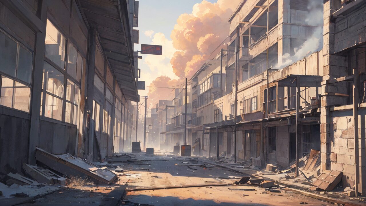 都市の廃墟・夕焼け・破敗した街のイラスト素材