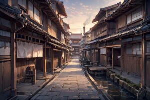 町・水路・木造建築のイラスト素材｜商用利用可