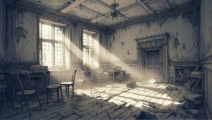 廃墟・古き家屋・光の縞のイラスト素材｜商用利用可