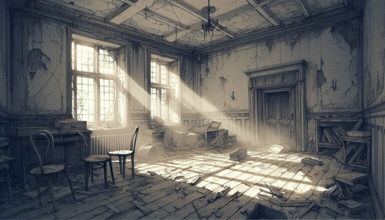 廃墟・古き家屋・光の縞のイラスト素材｜商用利用可