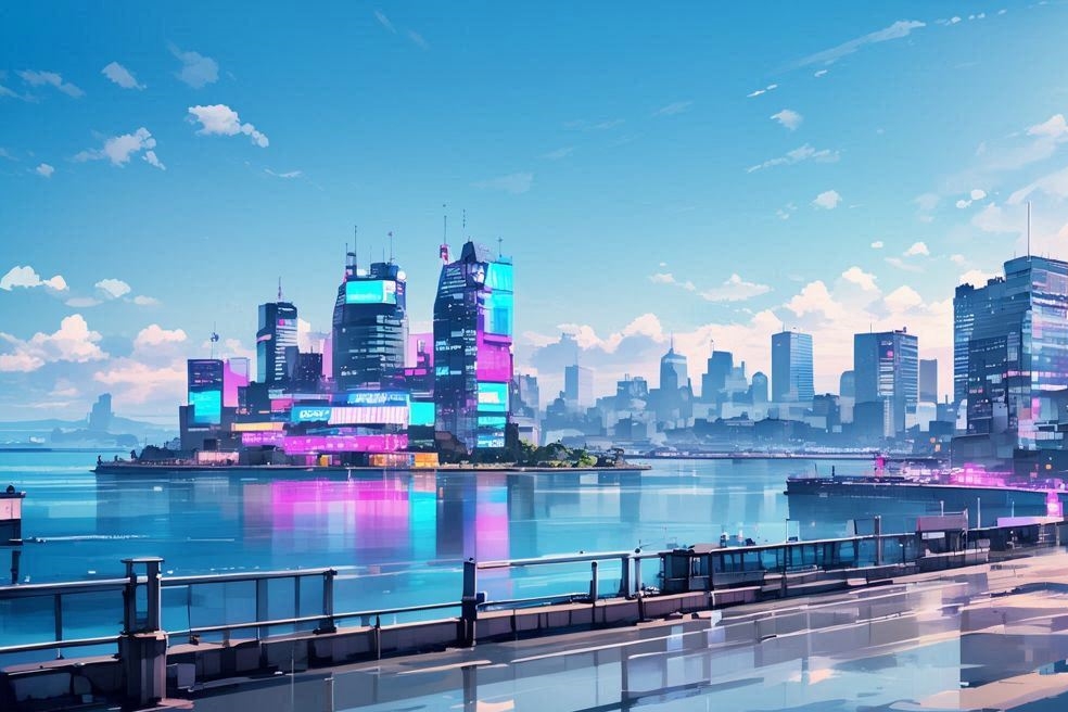 未来都市・ネオンライト・ブルー光景のイラスト素材