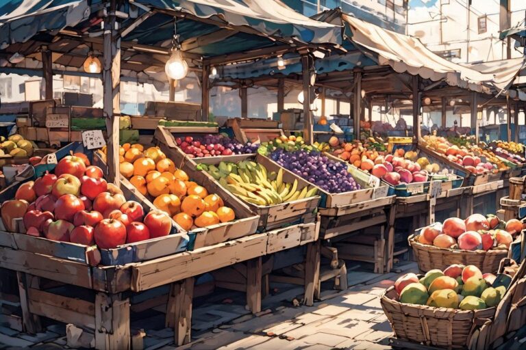 果物・市場・木製棚のイラスト素材｜商用利用可