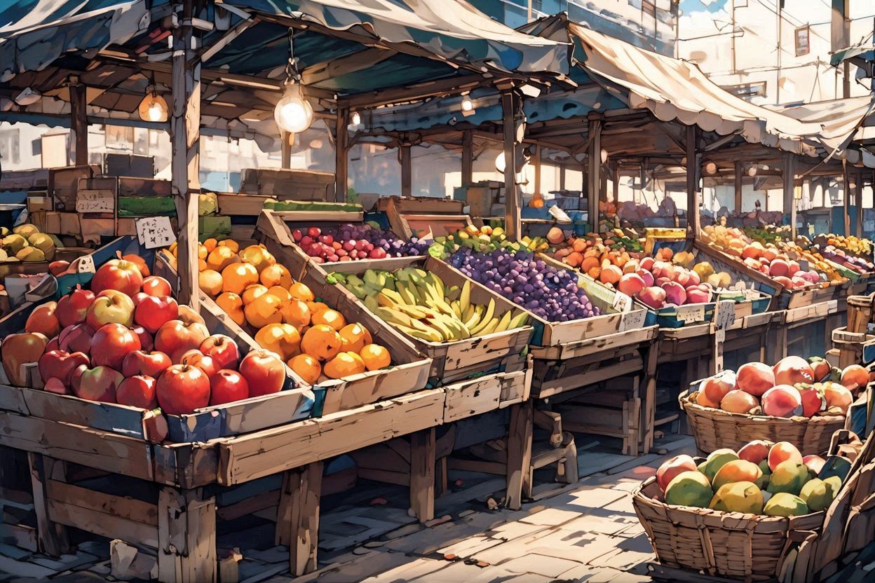 果物・市場・木製棚のイラスト素材