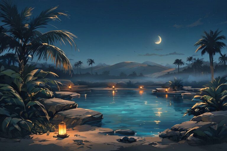 池・ヤシの木・空のイラスト素材｜商用利用可