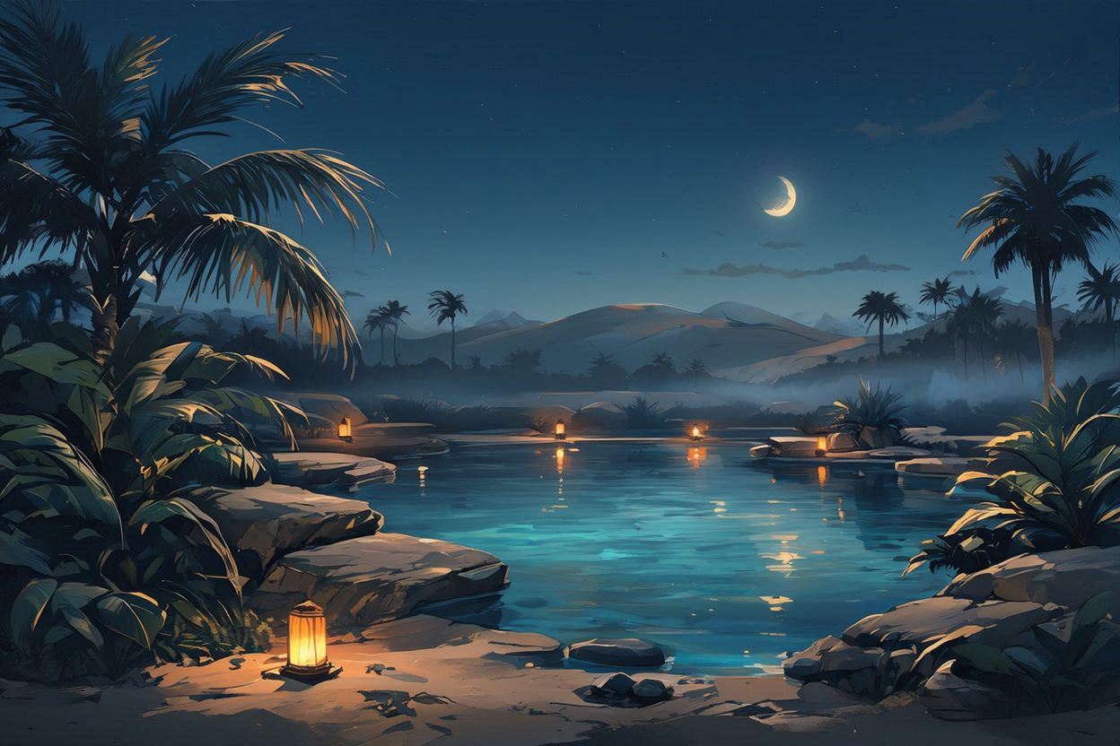 池・ヤシの木・空のイラスト素材