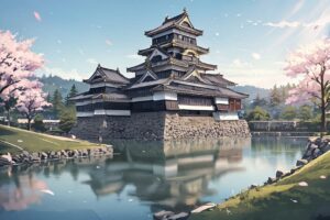 城・桜・湖のイラスト素材｜商用利用可