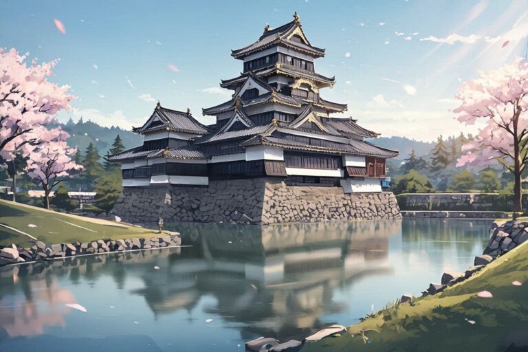 城・桜・湖のイラスト素材｜商用利用可