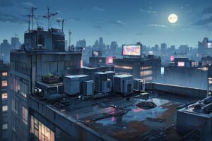 屋上・ビル・月明かりのイラスト素材｜商用利用可