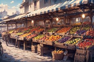 果物市場・木製棚・石畳のイラスト素材｜商用利用可