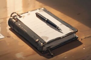 ノート・ペン・木製テーブルのイラスト素材｜商用利用可