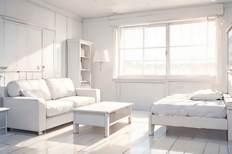 白い寝室・明るい室内・シンプル家具のイラスト素材｜商用利用可