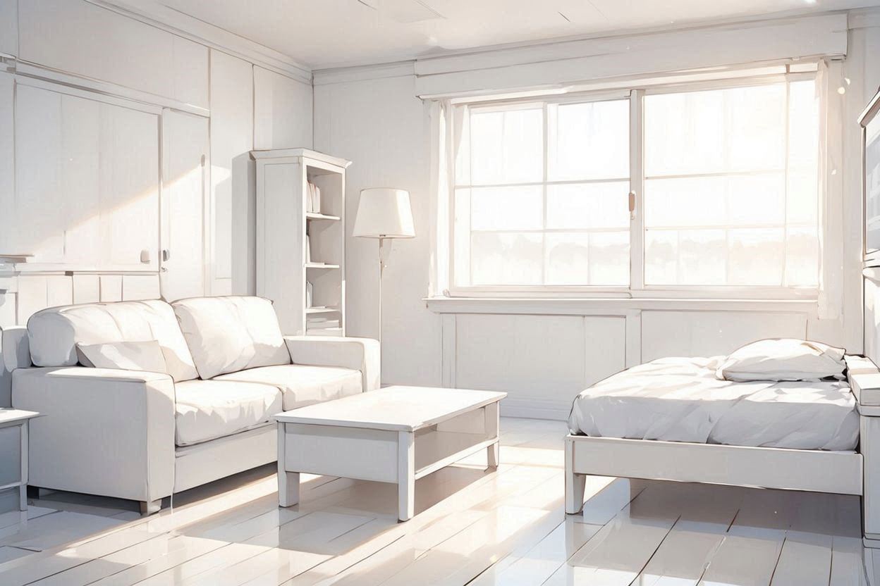 白い寝室・明るい室内・シンプル家具のイラスト素材