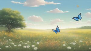 春の草原・青い蝶・晴れた空のイラスト素材｜商用利用可