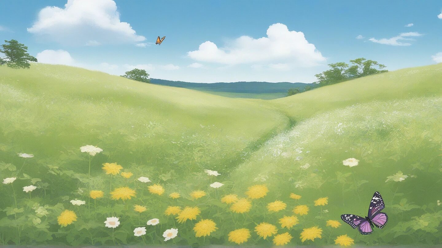 春の草原・花と蝶・青空と山のイラスト素材