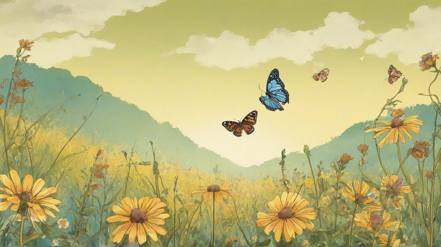 自然風景・蝶・野花のイラスト素材