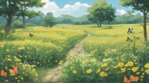 春の畑・蝶の舞・青空のイラスト素材｜商用利用可