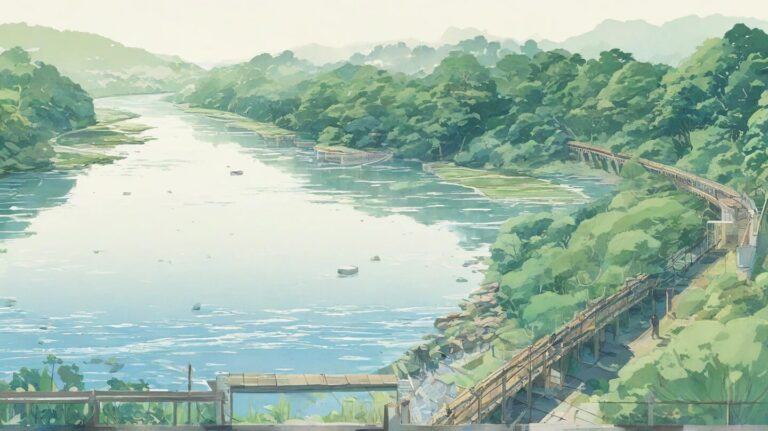 自然風景・静かな川・緑豊かな山のイラスト素材｜商用利用可