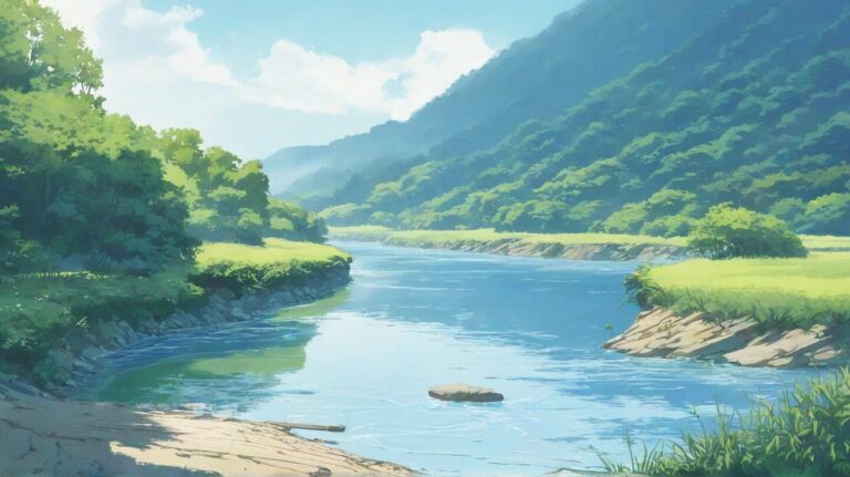 自然風景・川・緑豊かな山のイラスト素材｜商用利用可