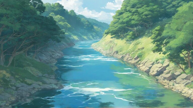 河原・緑豊か・青い川のイラスト素材｜商用利用可