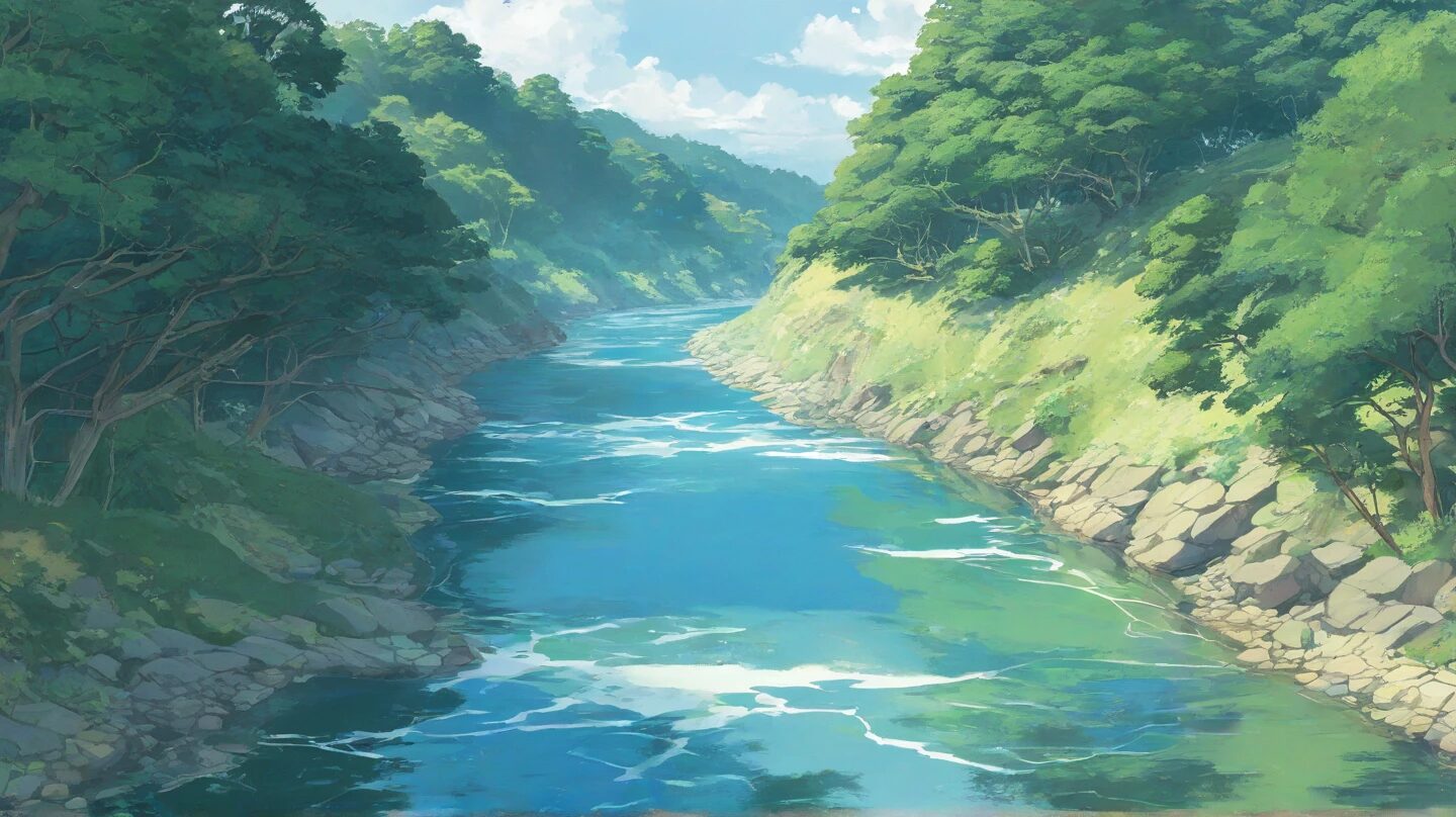 河原・緑豊か・青い川のイラスト素材