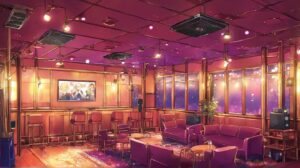 アニメ風カフェ・紫の照明・レトロなバーのイラスト素材｜商用利用可