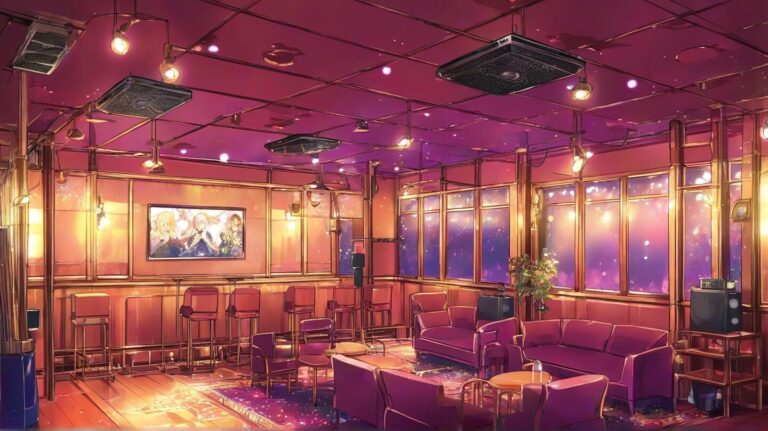 アニメ風カフェ・紫の照明・レトロなバーのイラスト素材｜商用利用可