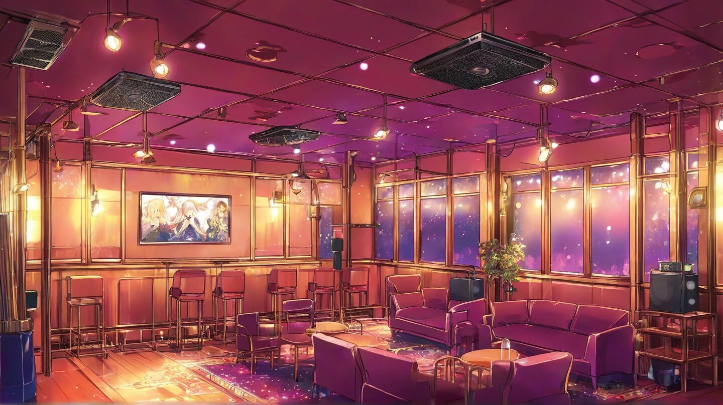 アニメ風カフェ・紫の照明・レトロなバーのイラスト素材