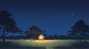 星空・夜の木屋・静かな草原のイラスト素材｜商用利用可