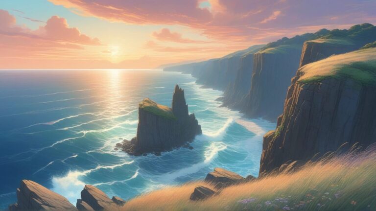 海岸線・夕焼け・岩場のイラスト素材｜商用利用可