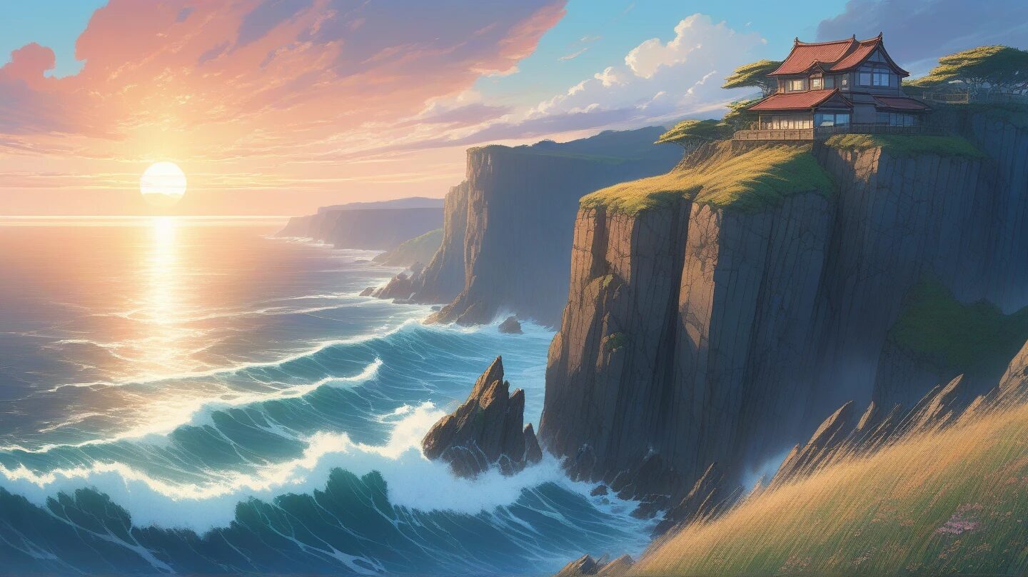 夕焼け・崖の家・海の風景のイラスト素材