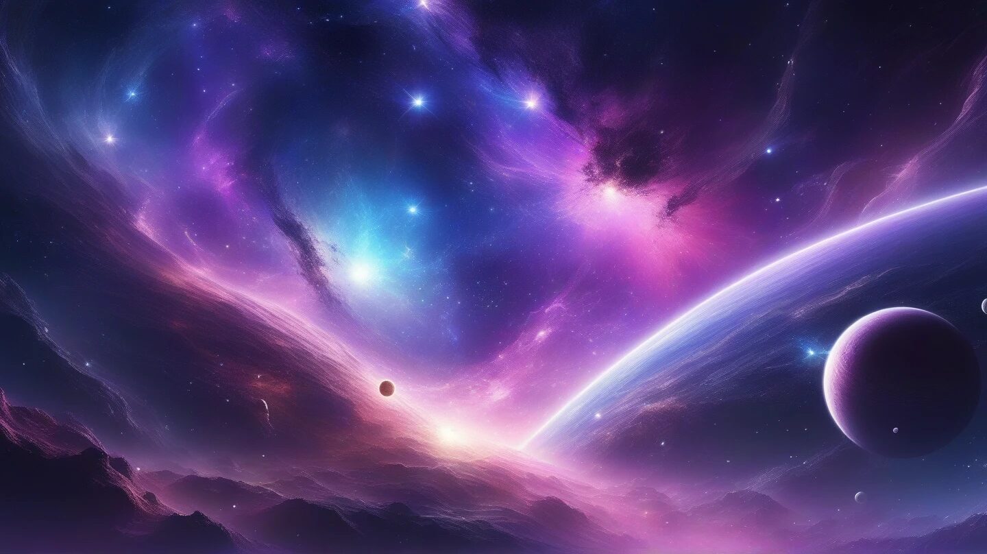 宇宙の絵・星の光・紫色の惑星のイラスト素材