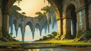 石造りアーチ・巨大岩山・石階段のイラスト素材｜商用利用可