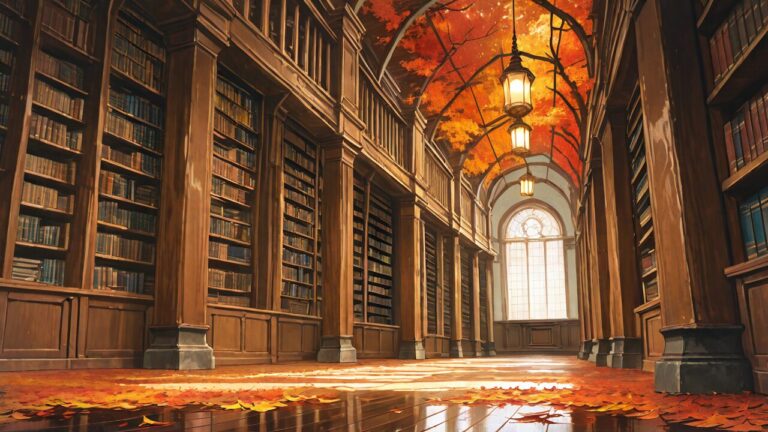 図書館・蔵書・秋の葉のイラスト素材｜商用利用可