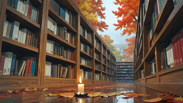 図書館・本棚・秋の葉のイラスト素材｜商用利用可