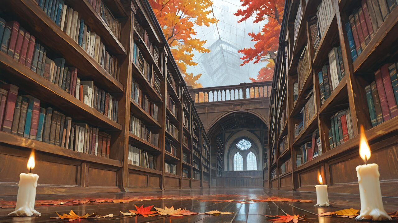 図書館・木書架・紅葉のイラスト素材