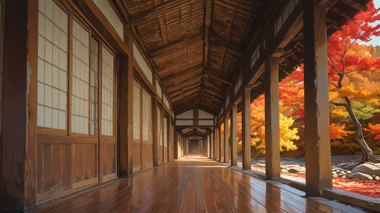 廊下・紅葉・石畳のイラスト素材