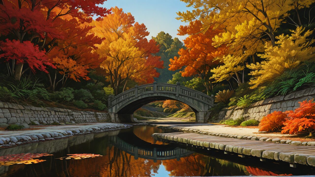 橋・秋の木・川のイラスト素材