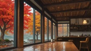 部屋・木製テーブル・秋の木のイラスト素材｜商用利用可