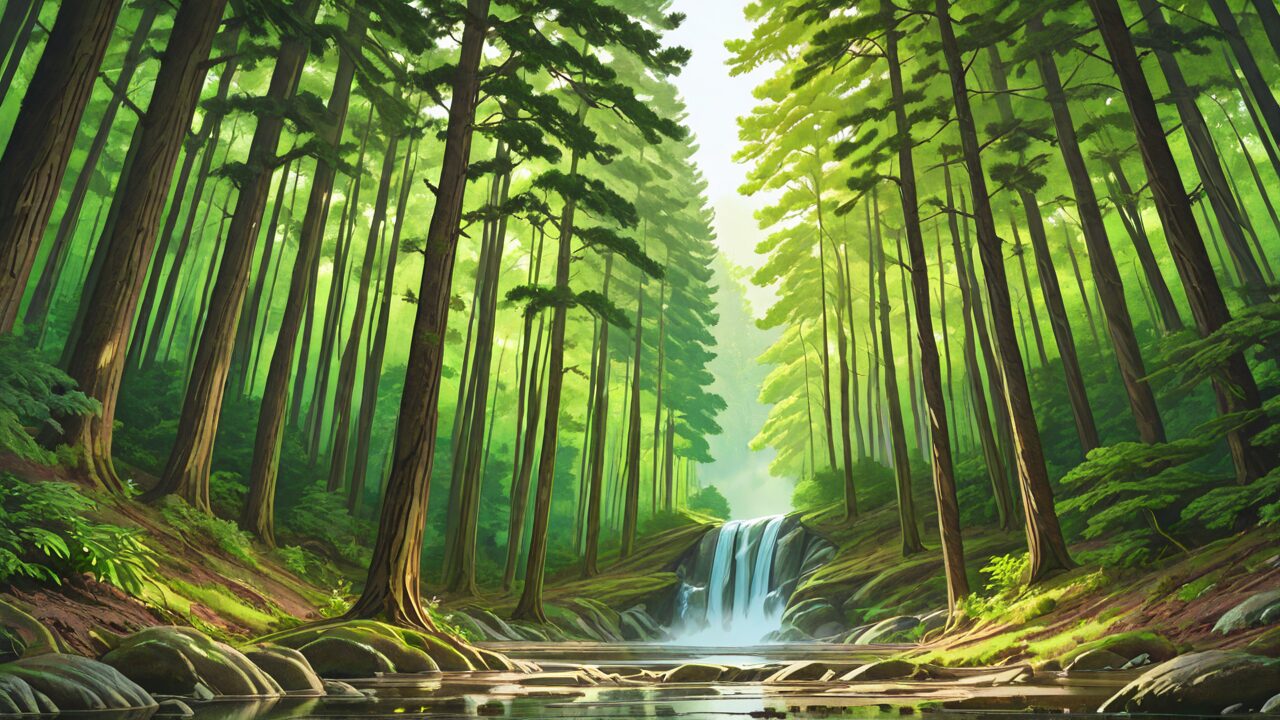 森・滝・川のイラスト素材