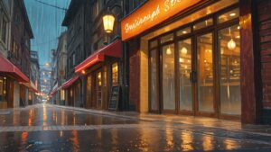 街・店舗・雨のイラスト素材｜商用利用可