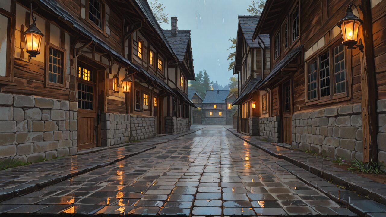 町並み・石畳・木造建築のイラスト素材