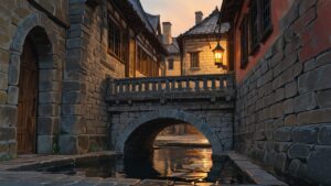 石橋・石造りの建物・川のイラスト素材｜商用利用可