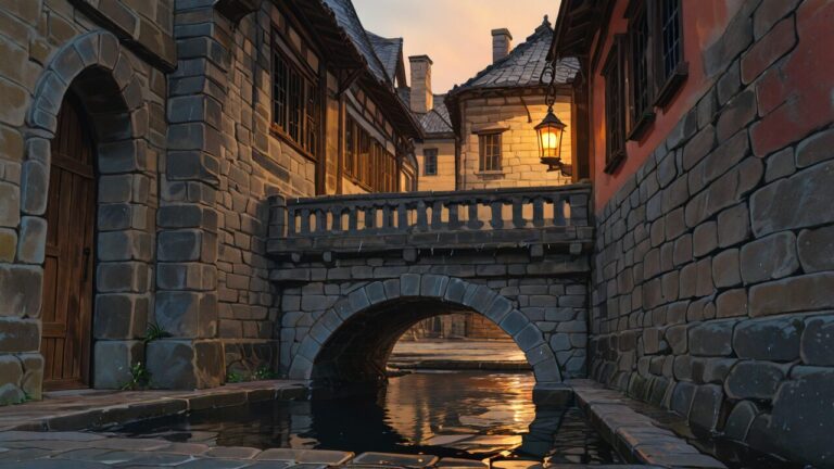 石橋・石造りの建物・川のイラスト素材｜商用利用可